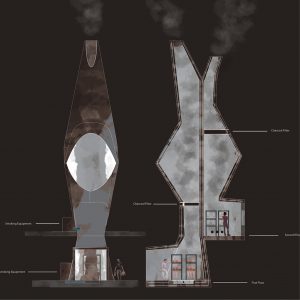 Smokestack detail of the locations for charcoal filters built out of cast concrete with separate stacks for each other