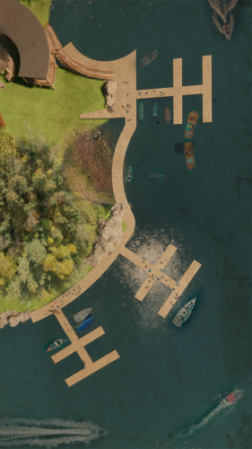 Marina Site Plan – digital model rendered with site drone images + inhabitation 