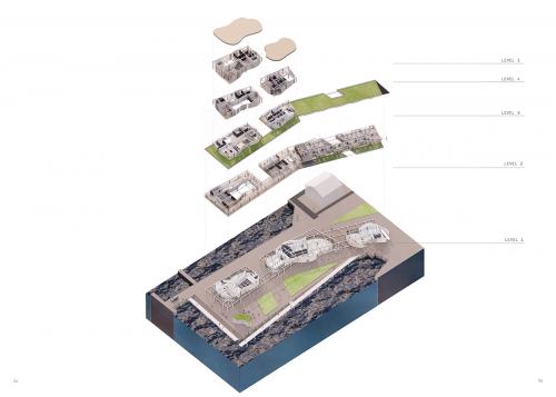 Axonometric of each floor level. The main floor is the public programs: library, workshop, restaurant, and a performance space