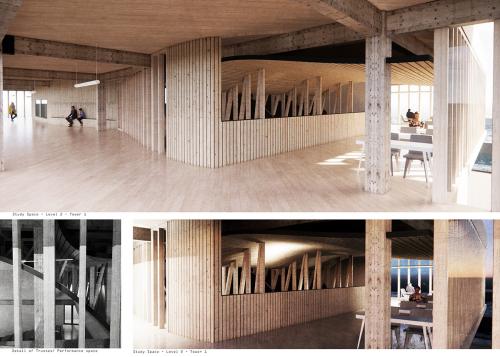 The study hall, the structure reveals itself and music from the performance space can be heard from this study hall