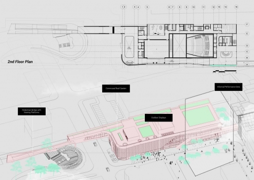 Second floor plan and building axonometric