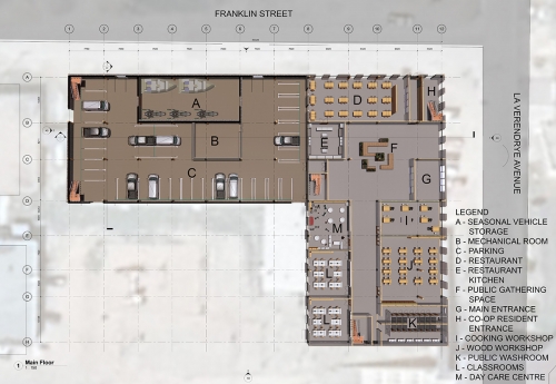 Main floor contains public spaces accessible to the Churchill community and to the co-operative residents