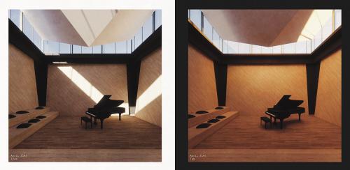 Recital Hall – The inverted ceiling vault serves multiple functions. The angled surface helps scatter sound within the space, improving acoustic dispersion, in addition to reflecting low sunlight into the space or reflecting illuminated performances outwards to the surrounding city