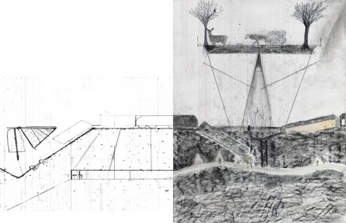 concept image; imagining how the train cars may penetrate the ground plane, acting as “seed vaults” for future civilizations