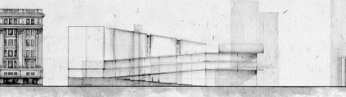 Elevation form study, exploring the notions of building as a landscape, drawing inspiration from the original parkade ramps and geometry from the surrounding context