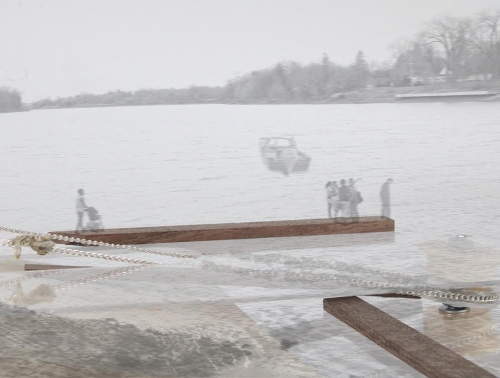 This pulley mechanism is in the Red River at the end of the floating dock and extracts mussels as the material attaches to the surface area of the chain