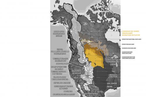 Map of the Western Wildway Network with an overlay of the current range of the Great Plains grassland and projected grassland range within Canada (Adapted from Menke, 2017, Savage, 2011, p.22, and Rizzo and Wiken, 1992, p.50). A proposed extension of the Wildway Network includes the Canadian Oil Sands area for the assisted migration of a grassland ecozone