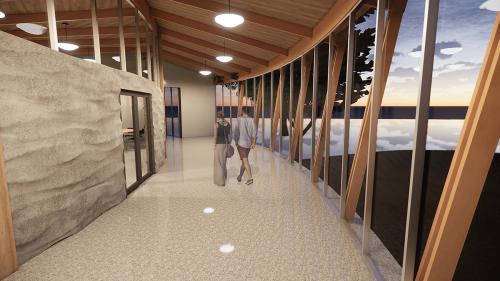 Gathering space corridor with feature wall, Pritchard’s Creek Healing Centre