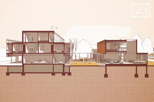 West to East section through showing residential block (west) and day centre (east)