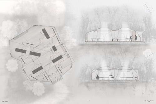 Studio room plan and sections