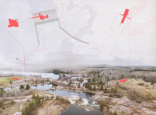 Aerial perspective site view from the west with massing site plan