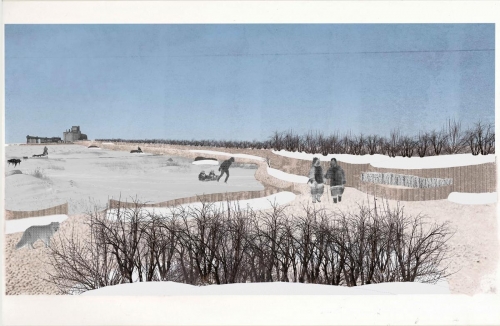 Winter perspective of walking path, viewed from shrub garden