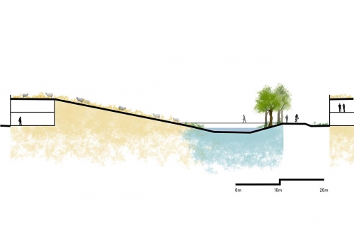 1-200 Section detailing earth bermed housing and wetland interaction