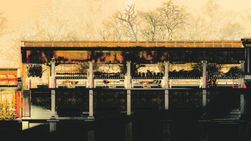 West section of the greenhouse, the middle of the Cradle Facility, noting the concrete precast cradle structure, surrounded by the metal industrial infrastructure, and irrigation/ rain collection system