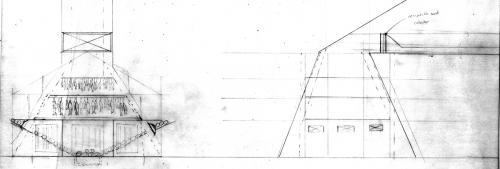 Early Schematic drawing of integrated smokestack that filters out smoke and reclaims the nutrients for use in the greenhouse