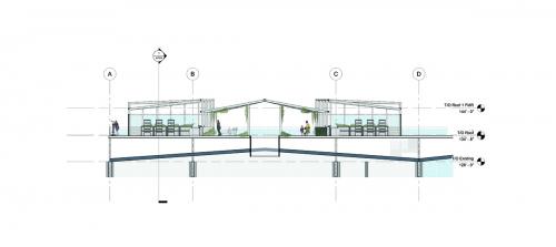 Section through a single bay on the Forks Market showcasing the promenade space with lightwell that separates the greenhouses in the center